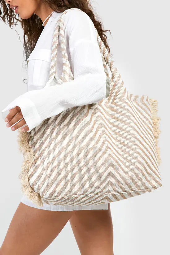 boohoo Oversized Frayed Edge Jacquard Beach Bag