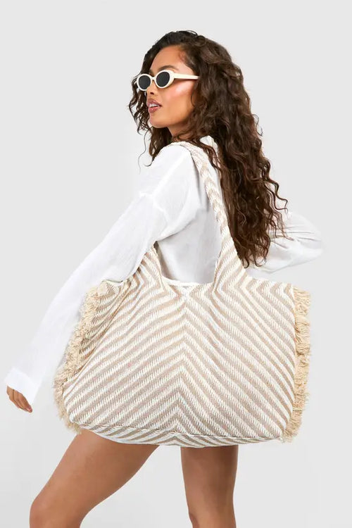 boohoo Oversized Frayed Edge Jacquard Beach Bag